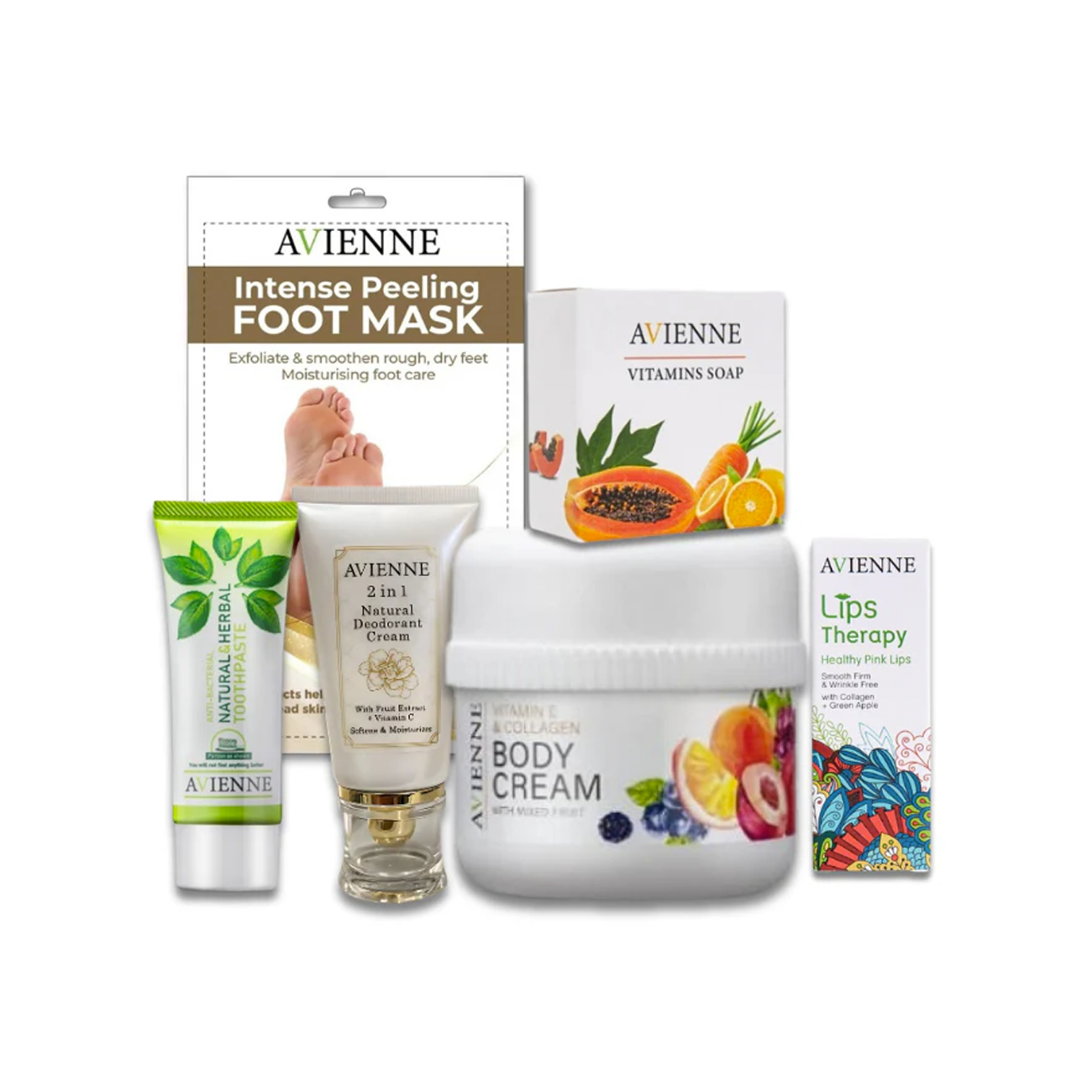Essential Personal Care Set ( Toothpaste, Deodorant, Foot mask, Body Cream, Lip therapy, Vitamin soap)