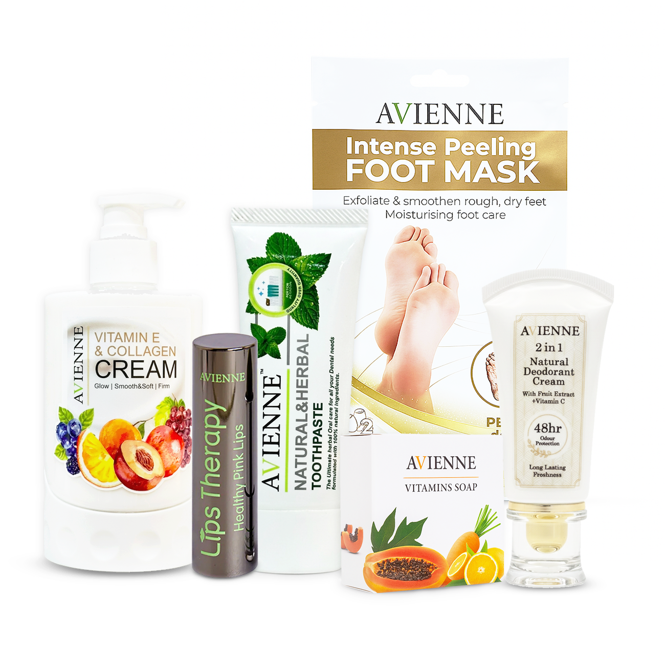 Essential Personal Care Set ( Toothpaste, Deodorant, Foot mask, Body Cream, Lip therapy, Vitamin soap)