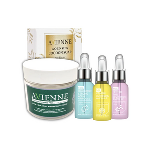 Glowing Skin Set(Hyaluronic serum, Vitamin C serum,Peptide Serum, Toning pads, Gold Silk Cocoon soap.