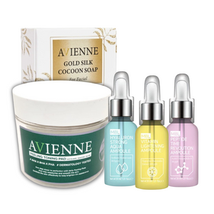Glowing Skin Set(Hyaluronic serum, Vitamin C serum,Peptide Serum, Toning pads, Gold Silk Cocoon soap.